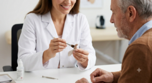 Audiologist cleaning a hearing aid. 