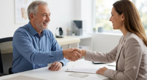A man shakes hands with his audiologist. 