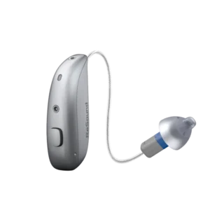 A ReSound Sensia microRIE hearing aid in sparkling silver.